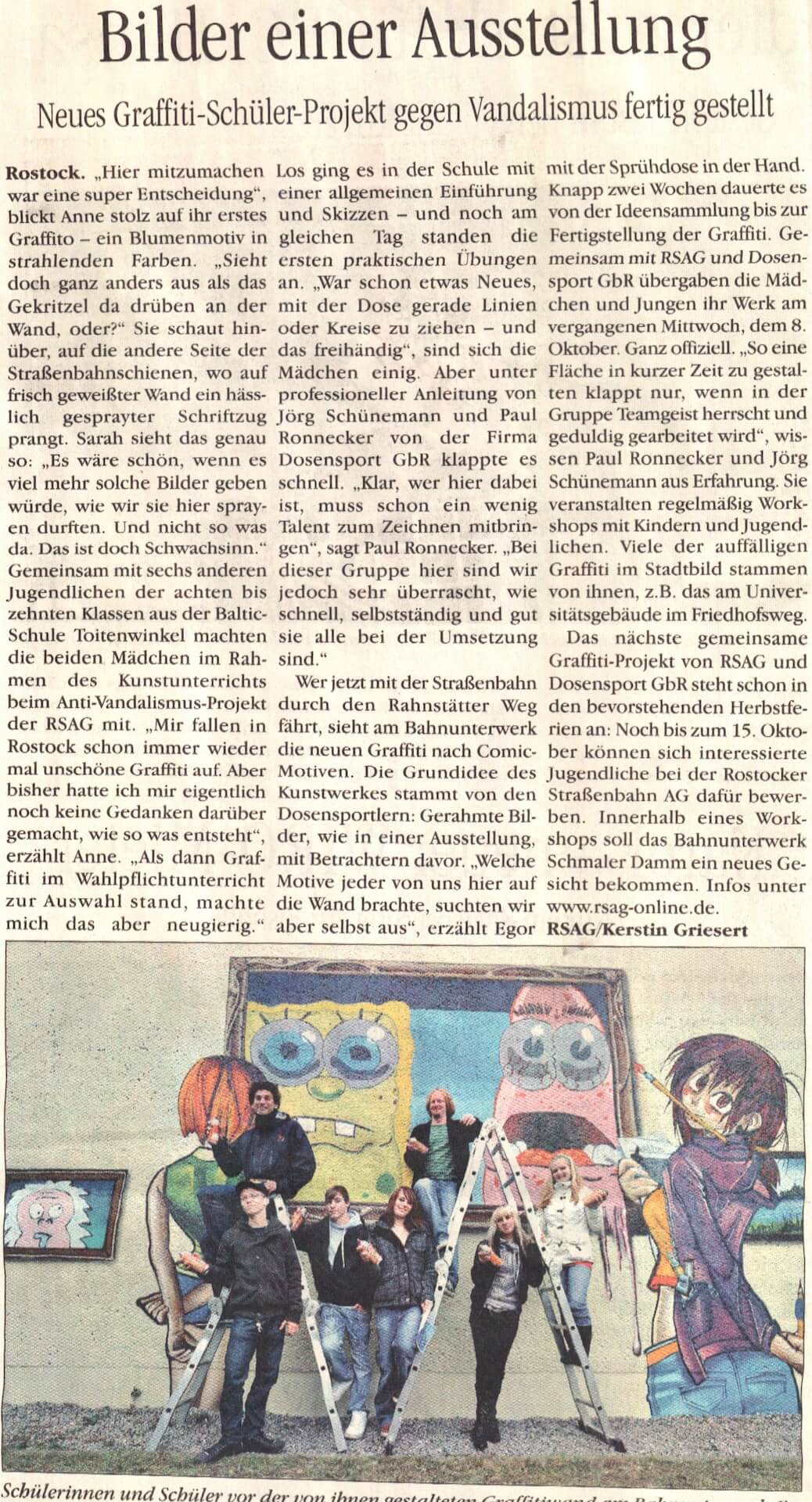 Pressebericht über das Anti-Vandalismus-Projekt am Bahntrennhaus in Rostock. Zeitungsartikel, der die Ausstellung der Graffitis von Schülern am Bahntrennhaus in Rostock beschreibt.