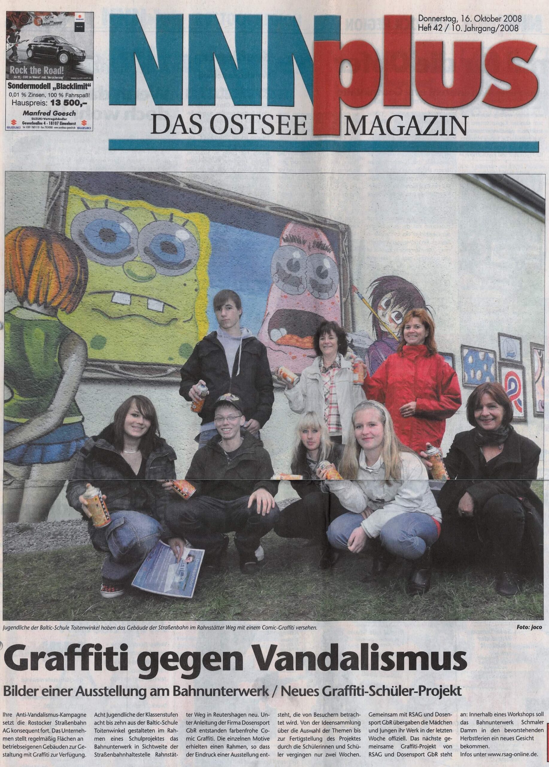 Zeitungsbericht über Graffiti als wirksames Mittel gegen Vandalismus. Bericht über die Ausstellung, die zeigt, wie legale Graffiti-Kunst Vandalismus vorbeugen kann.
