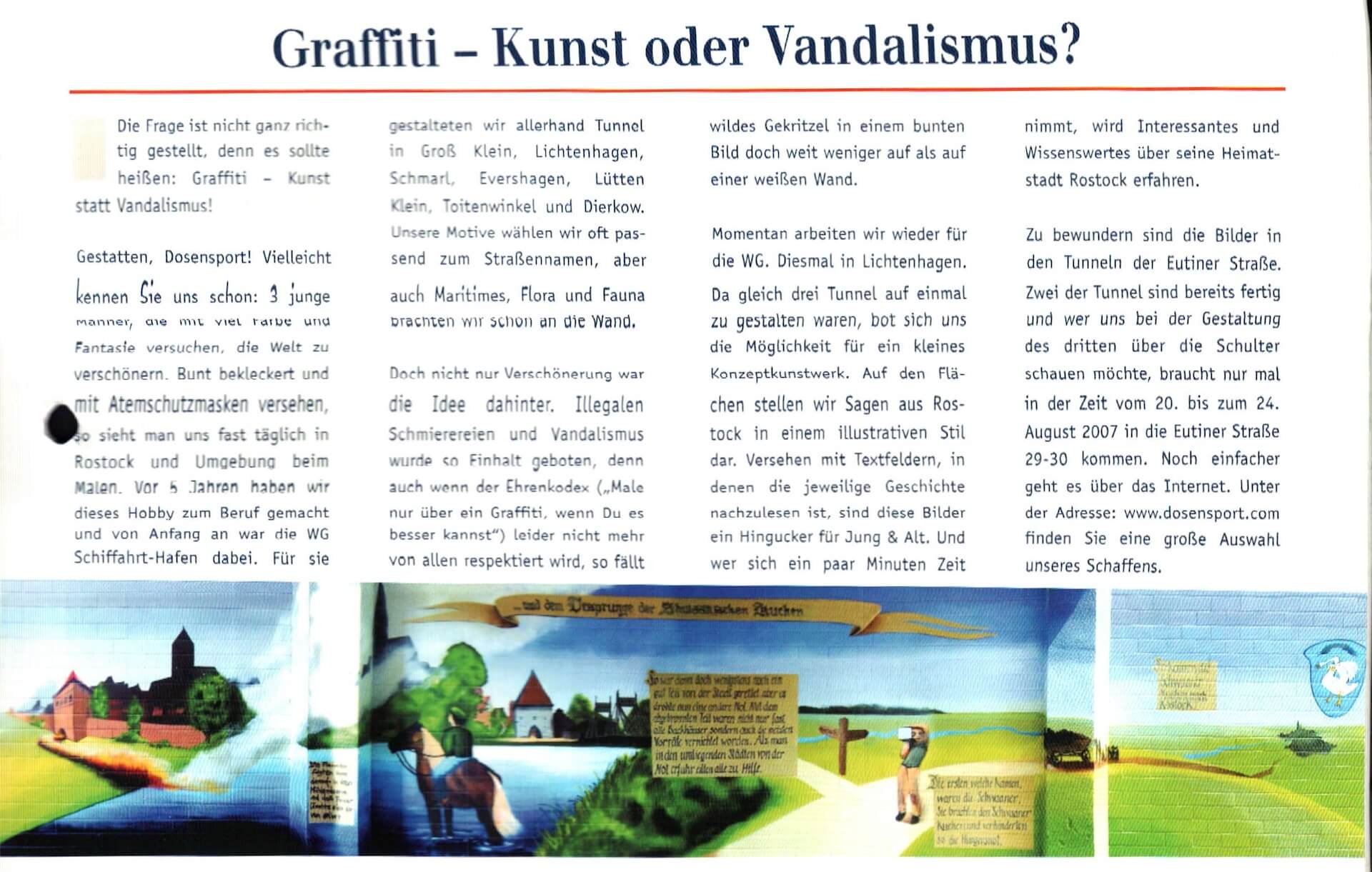 Artikel über die Debatte Kunst vs. Vandalismus im SH-Journal. Magazin-Beitrag, der das Engagement von Dosensport beleuchtet und die Unterschiede zwischen legaler Kunst und Vandalismus erklärt.