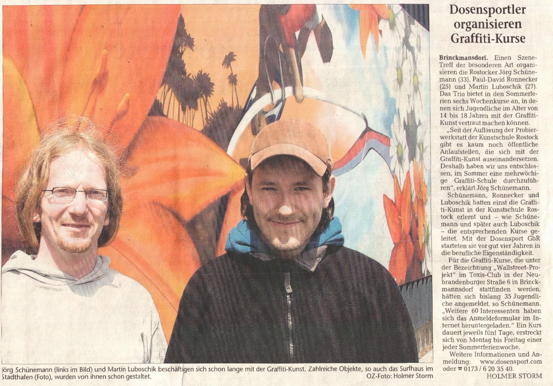 Bericht über die Graffiti-Workshops für Jugendliche von 14 bis 18 Jahren. Presseartikel über die von Dosensport organisierten Kurse, die Jugendlichen den legalen Umgang mit Spraydosen beibringen.