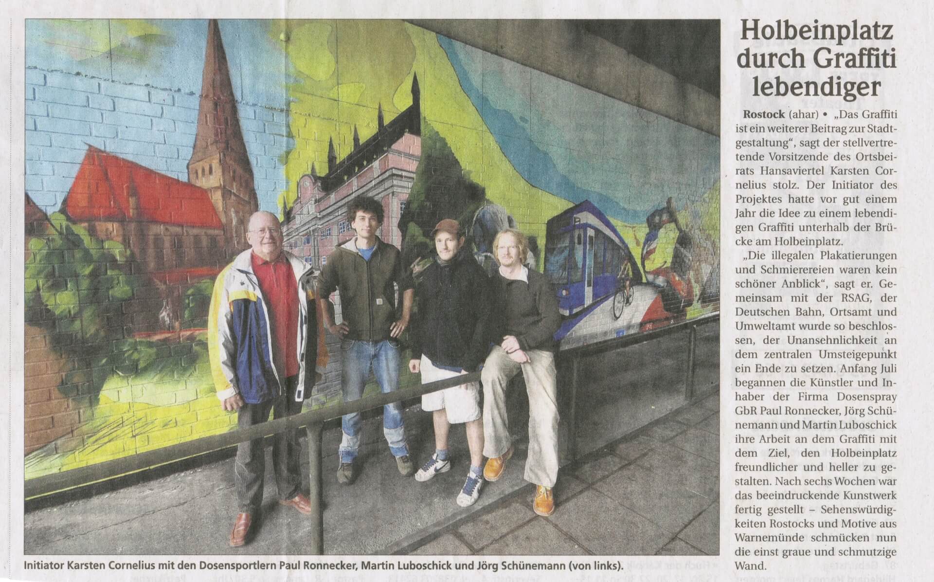 Pressebericht über die lebendige Wandgestaltung am Holbeinplatz in Rostock. Artikel, der das Graffiti-Projekt am Holbeinplatz beschreibt, das den Platz heller und attraktiver machen sollte.