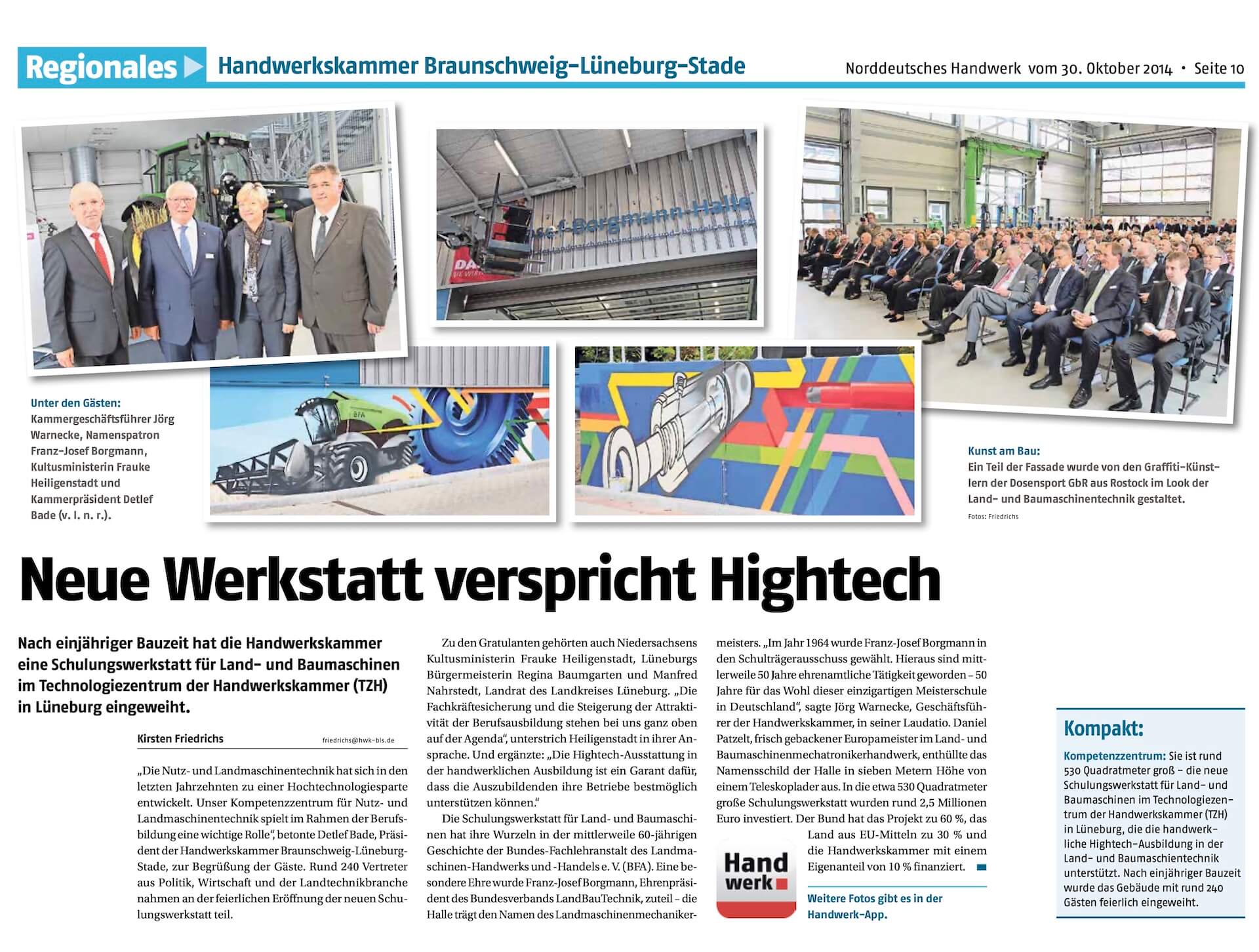 Pressebericht über das Graffiti-Projekt für die Handwerkskammer Braunschweig-Lüneburg-Stade. Presseartikel über die Fassadengestaltung der Handwerkskammer durch Dosensport.