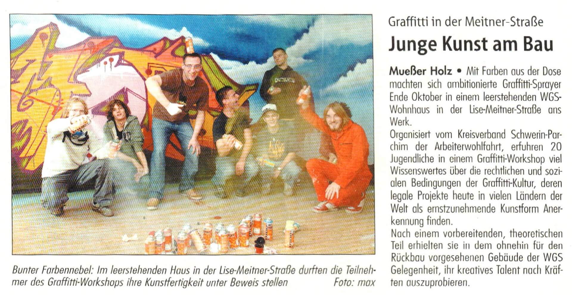 Zeitungsbericht über den Graffiti-Workshop von Dosensport in Schwerin. Bericht über das Projekt, bei dem junge Menschen in Schwerin legal Graffiti-Kunst am Bau lernen konnten.
