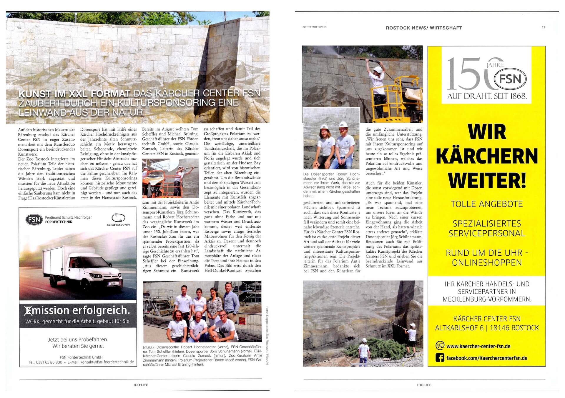 Pressebericht über die künstlerische Fassadengestaltung mit Hochdruckreiniger im Zoo Rostock. Presseartikel über das Kultursponsoring des Kärcher Centers FSN und Dosensport im Zoo Rostock.