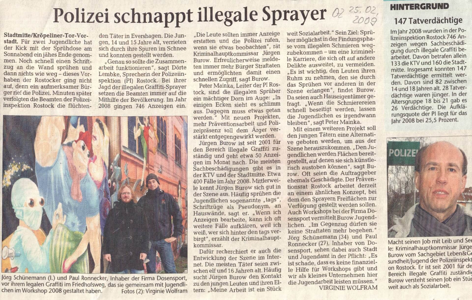 Artikel über illegale Sprayer und das Präventionsprojekt von Dosensport. Zeitungsbericht über die Rolle von Dosensport bei der Prävention von Vandalismus durch Aufklärung über legale Graffiti-Projekte.