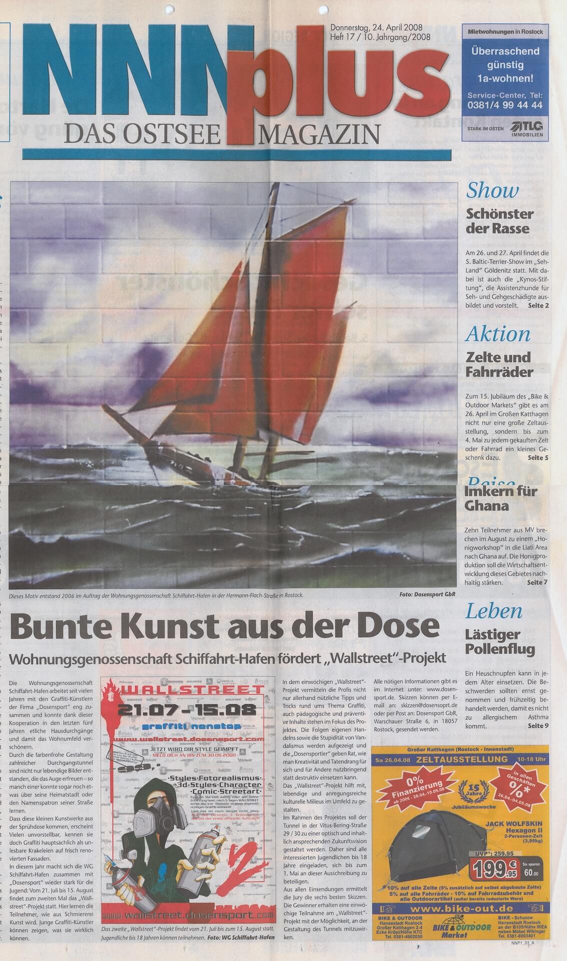 Artikel über die Förderung des 'Wallstreet'-Graffiti-Projekts in Rostock. Bericht, der zeigt, wie die Wohnungsgenossenschaft Schifffahrt-Hafen das Graffiti-Projekt 'Wallstreet' von Dosensport unterstützt.