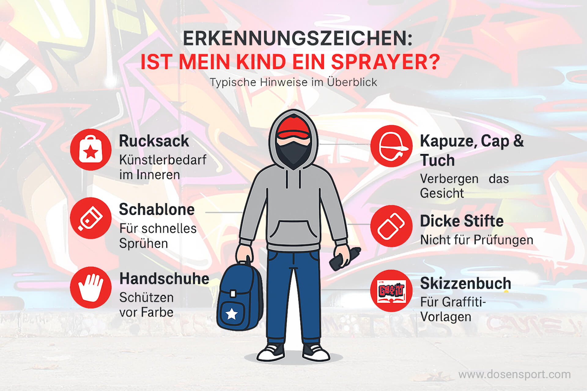 Infografik zeigt Hinweise, woran Eltern erkennen können, ob Jugendliche Graffiti sprühen (Rucksack, Marker, Kapuze, Handschuhe, Skizzenbuch).
