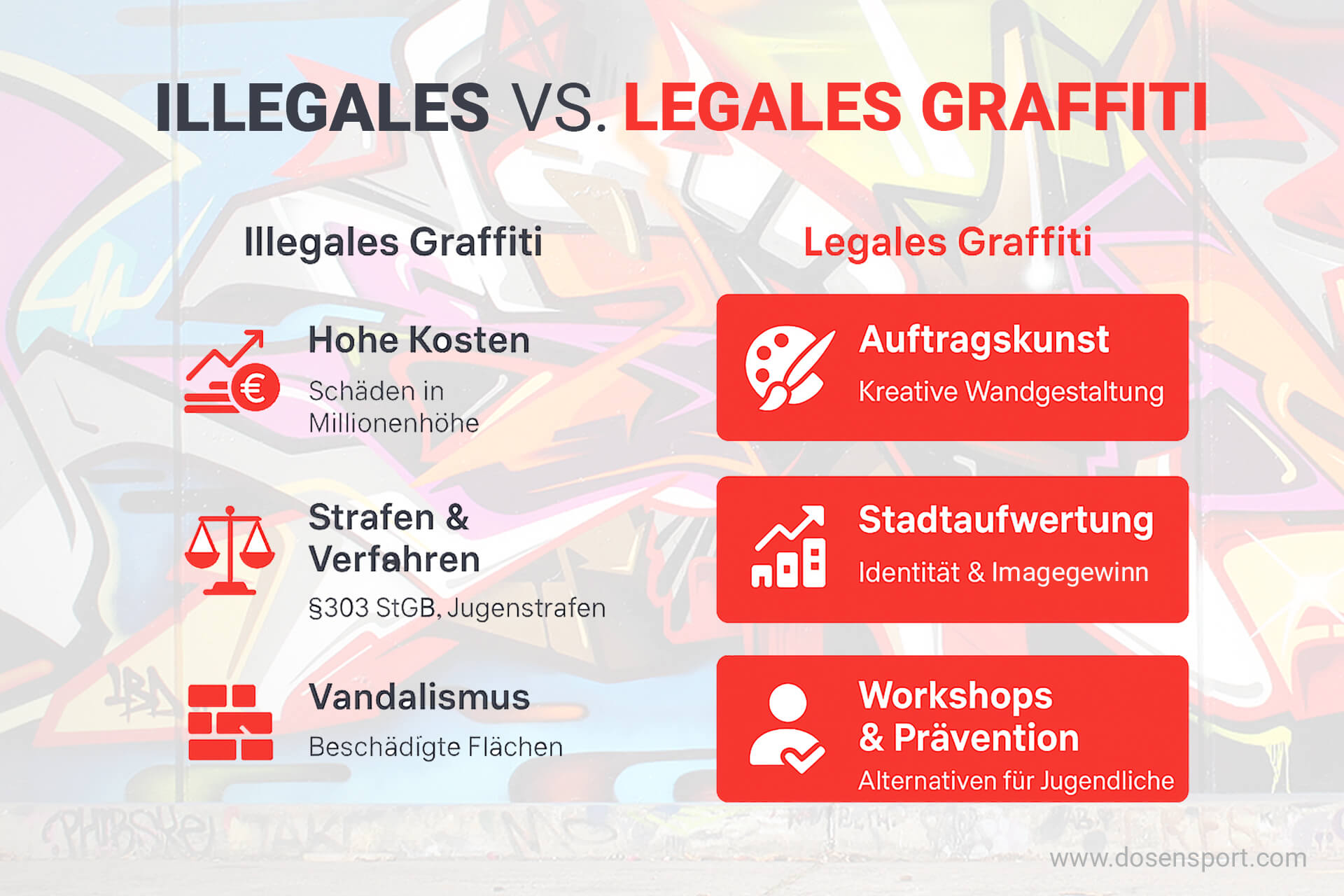 Infografik vergleicht illegales Graffiti (Kosten, Strafen, Vandalismus) mit legalem Graffiti (Auftragskunst, Stadtaufwertung, Prävention).